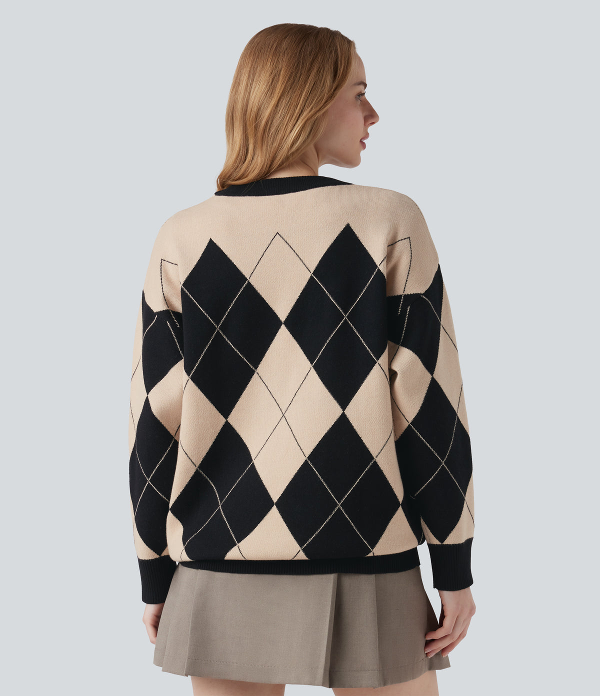 Round Neck Long Sleeve Diamond Check Work Jumper — Moonlight Diamond — view 2