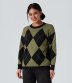 Round Neck Long Sleeve Diamond Check Work Jumper — Field Noir — view 6