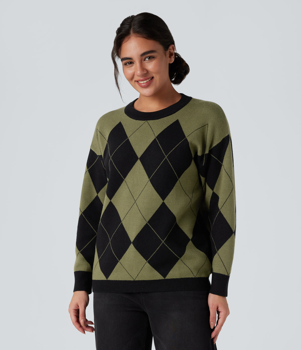 Round Neck Long Sleeve Diamond Check Work Jumper — Field Noir — view 6