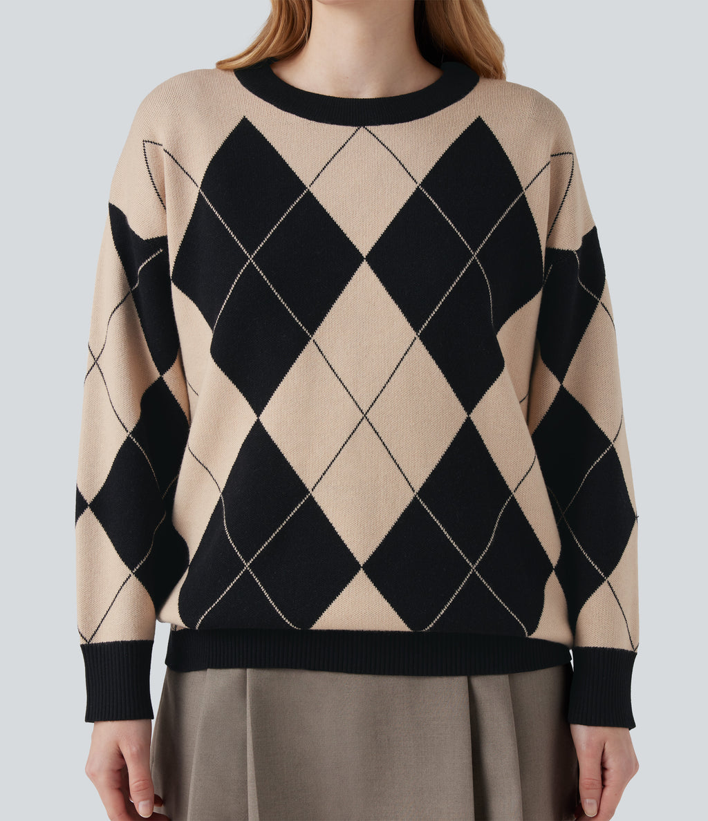 Round Neck Long Sleeve Diamond Check Work Jumper — Moonlight Diamond — view 4