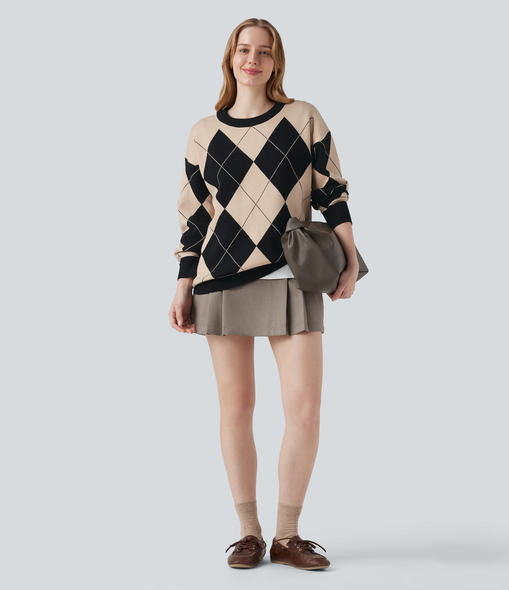 Round Neck Long Sleeve Diamond Check Work Jumper — Moonlight Diamond — view 5