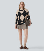 Round Neck Long Sleeve Diamond Check Work Jumper — Moonlight Diamond — view 5