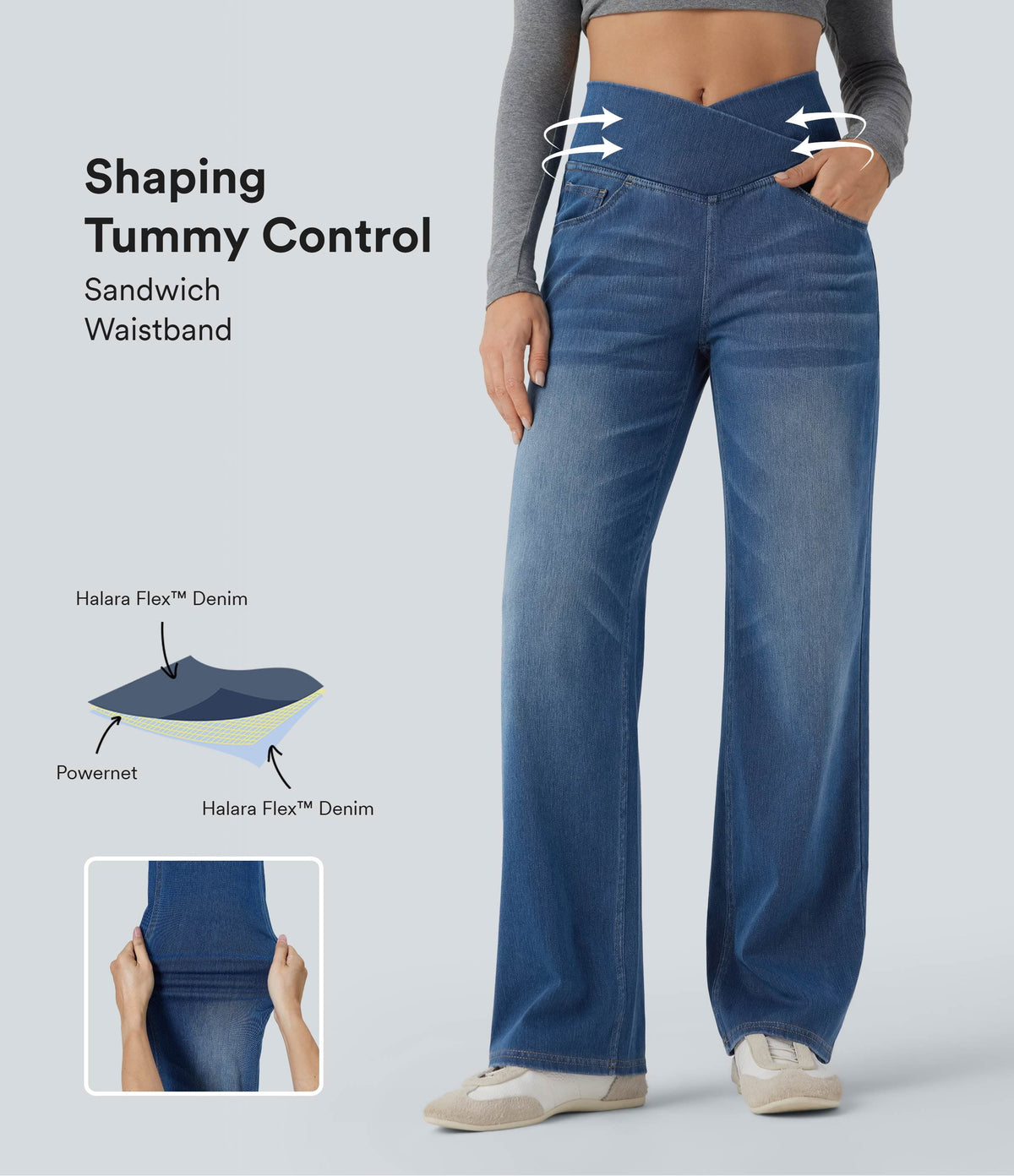 Crossover High Waisted Tummy Control Casual Straight Leg Jeans with Pockets — Tide Blue Denim — view 1