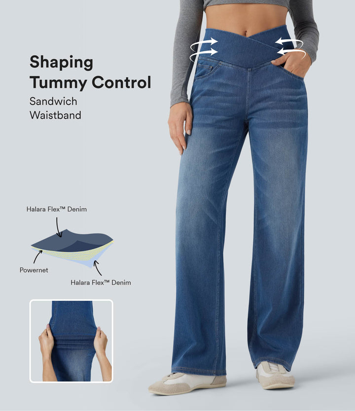 Crossover High Waisted Tummy Control Casual Straight Leg Jeans with Pockets — Tide Blue Denim — view 1