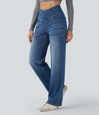 Crossover High Waisted Tummy Control Casual Straight Leg Jeans with Pockets — Tide Blue Denim — view 3