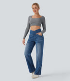 Crossover High Waisted Tummy Control Casual Straight Leg Jeans with Pockets — Tide Blue Denim — view 6