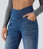 Crossover High Waisted Tummy Control Casual Straight Leg Jeans with Pockets — Tide Blue Denim — view 4