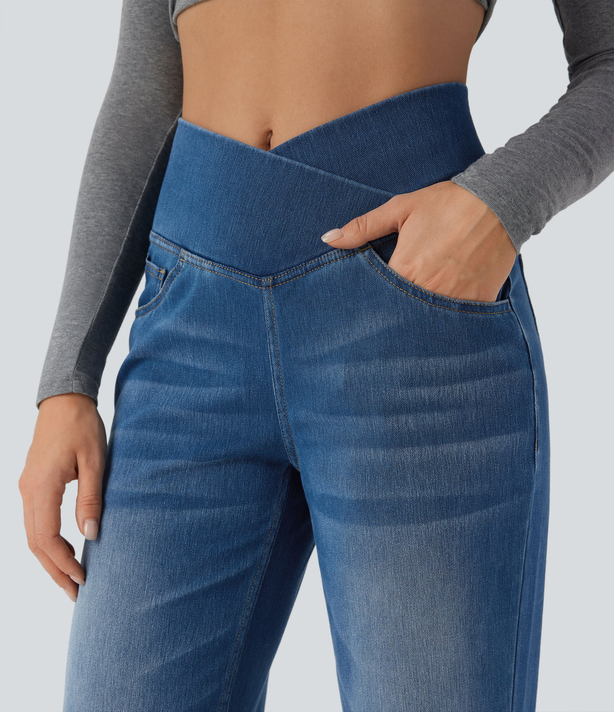 Crossover High Waisted Tummy Control Casual Straight Leg Jeans with Pockets — Tide Blue Denim — view 4