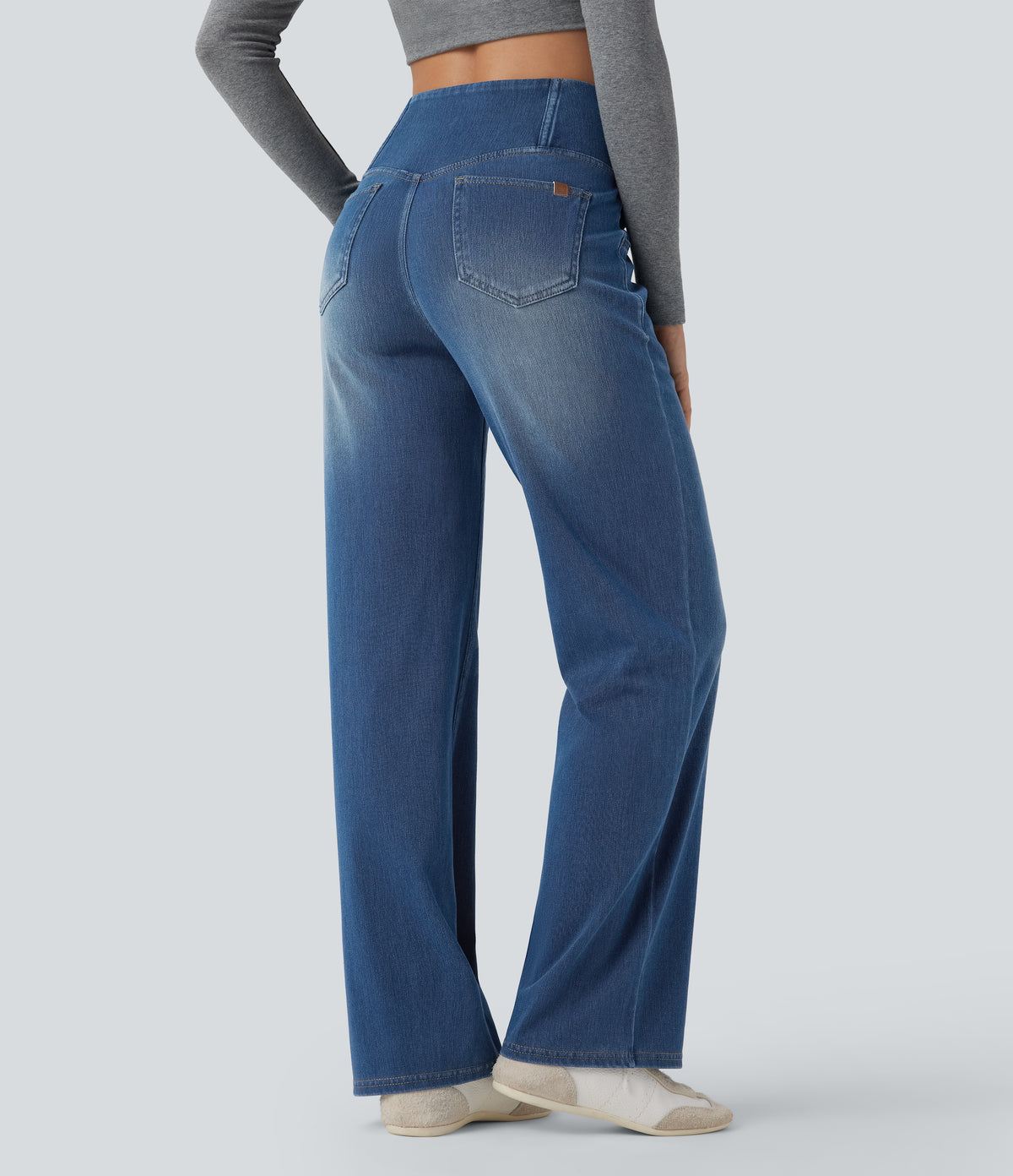 Crossover High Waisted Tummy Control Casual Straight Leg Jeans with Pockets — Tide Blue Denim — view 2