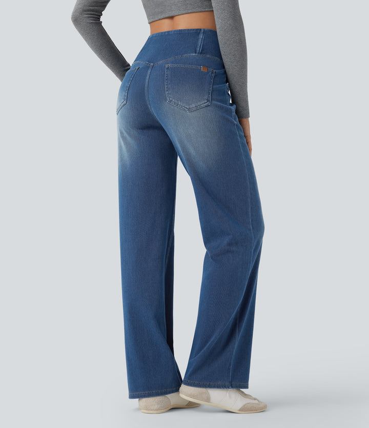 Crossover High Waisted Tummy Control Casual Straight Leg Jeans with Pockets — Tide Blue Denim — view 2