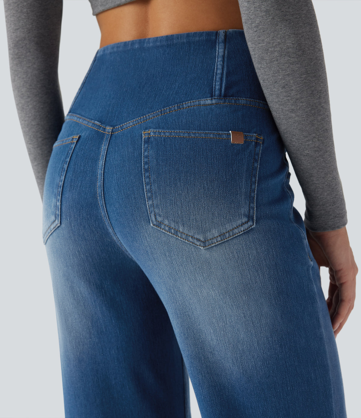 Crossover High Waisted Tummy Control Casual Straight Leg Jeans with Pockets — Tide Blue Denim — view 5