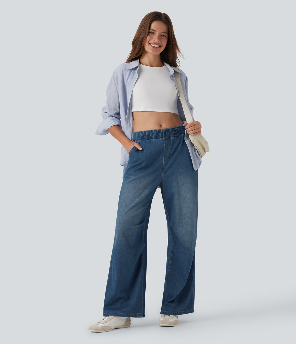Mid Rise Casual Baggy JoggerJeans with Pockets — Estate Blue Denim — view 6