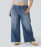Plus Size Asymmetric Low Rise Wide Leg Washed Casual Jeans with Pockets — Blue Jasper Denim — view 2