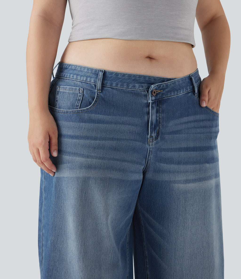 Plus Size Asymmetric Low Rise Wide Leg Washed Casual Jeans with Pockets — Blue Jasper Denim — view 6