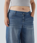 Plus Size Asymmetric Low Rise Wide Leg Washed Casual Jeans with Pockets — Blue Jasper Denim — view 6