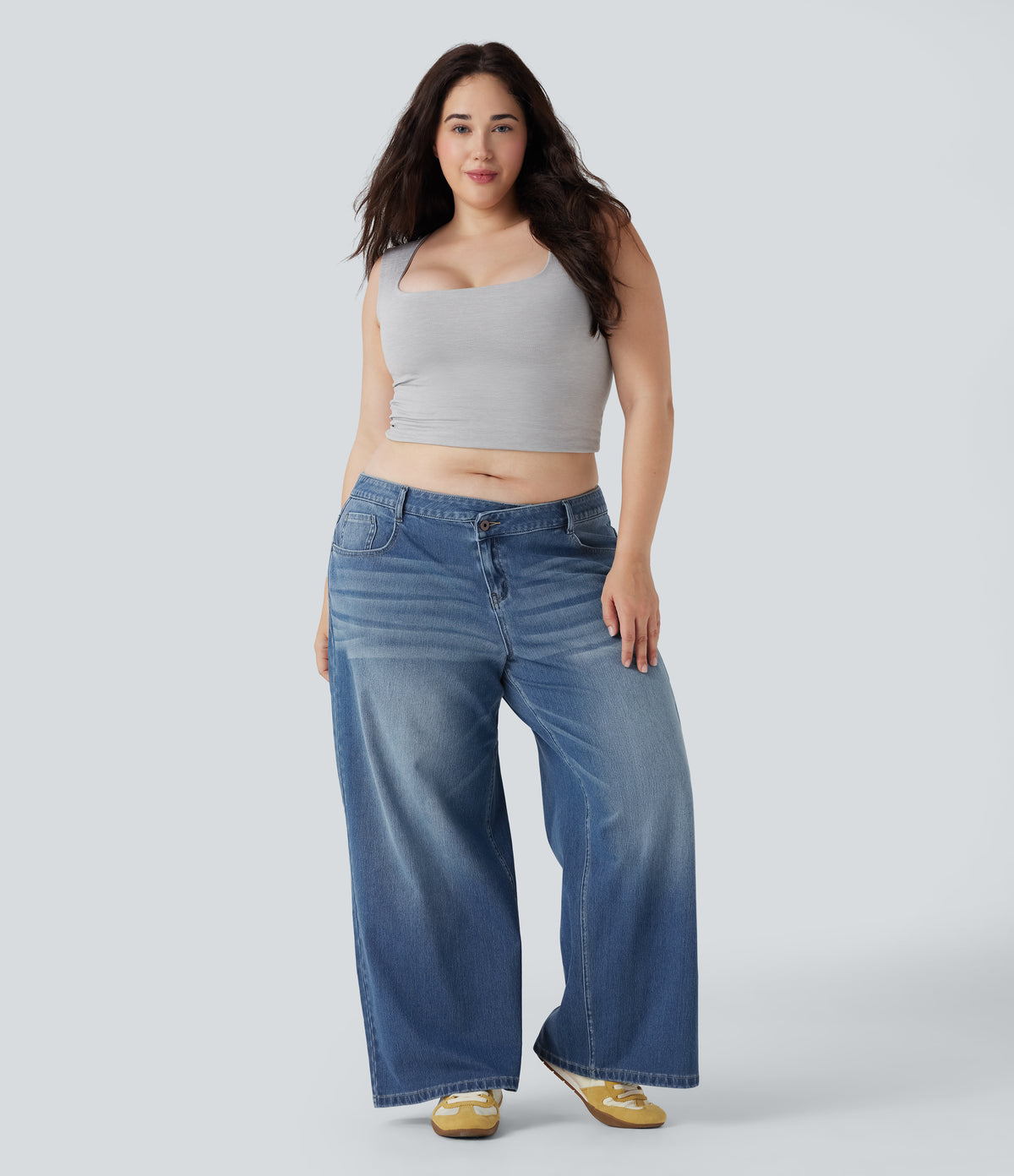 Plus Size Asymmetric Low Rise Wide Leg Washed Casual Jeans with Pockets — Blue Jasper Denim — view 1