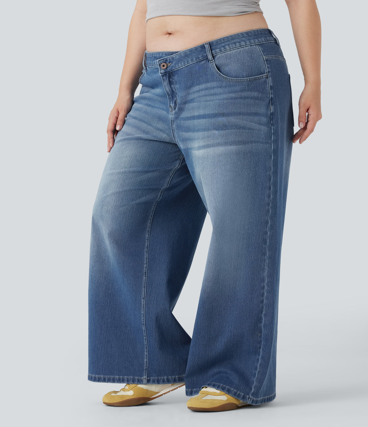 Plus Size Asymmetric Low Rise Wide Leg Washed Casual Jeans with Pockets — Blue Jasper Denim — view 4