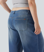 Plus Size Asymmetric Low Rise Wide Leg Washed Casual Jeans with Pockets — Blue Jasper Denim — view 5