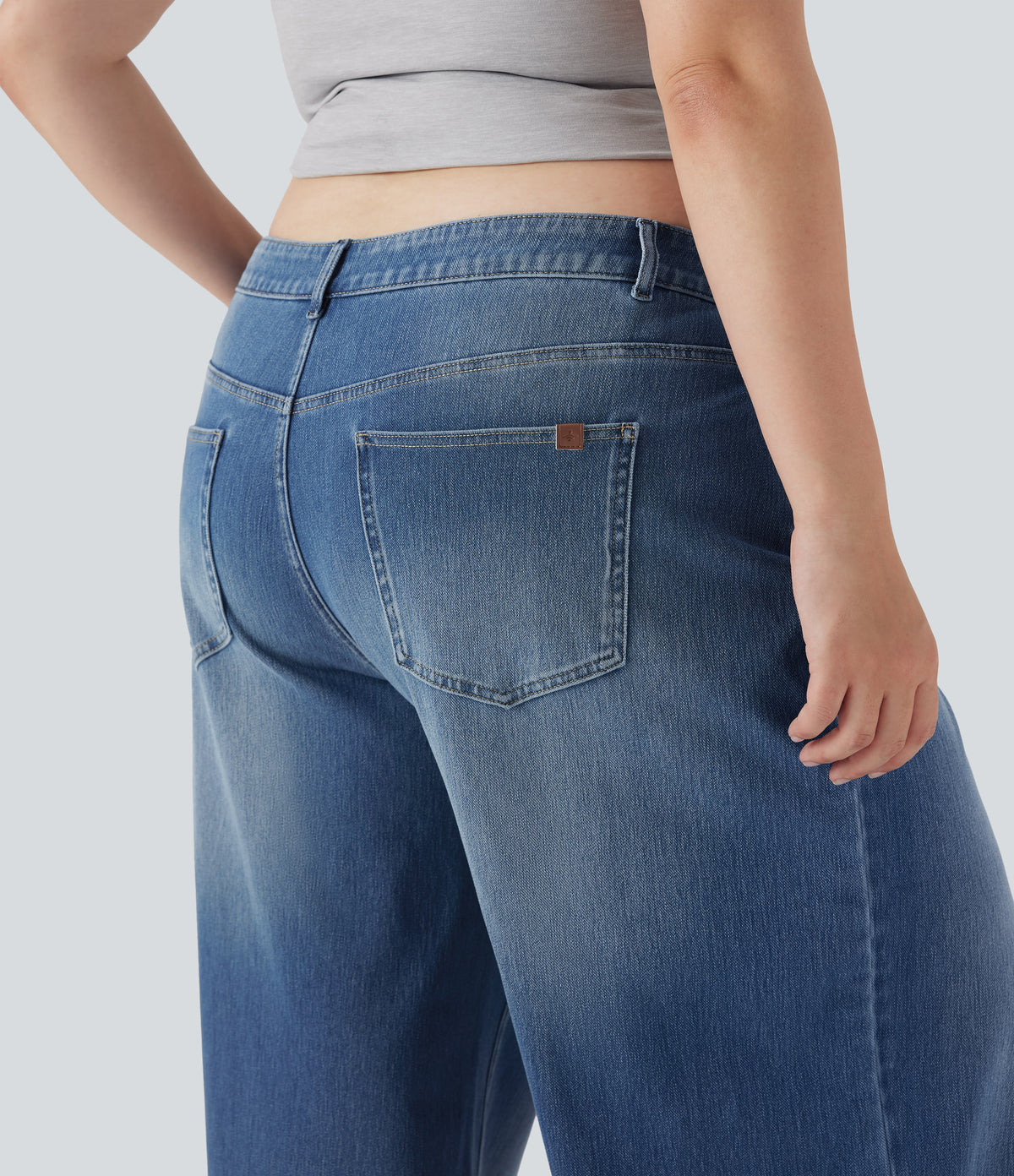 Plus Size Asymmetric Low Rise Wide Leg Washed Casual Jeans with Pockets — Blue Jasper Denim — view 5