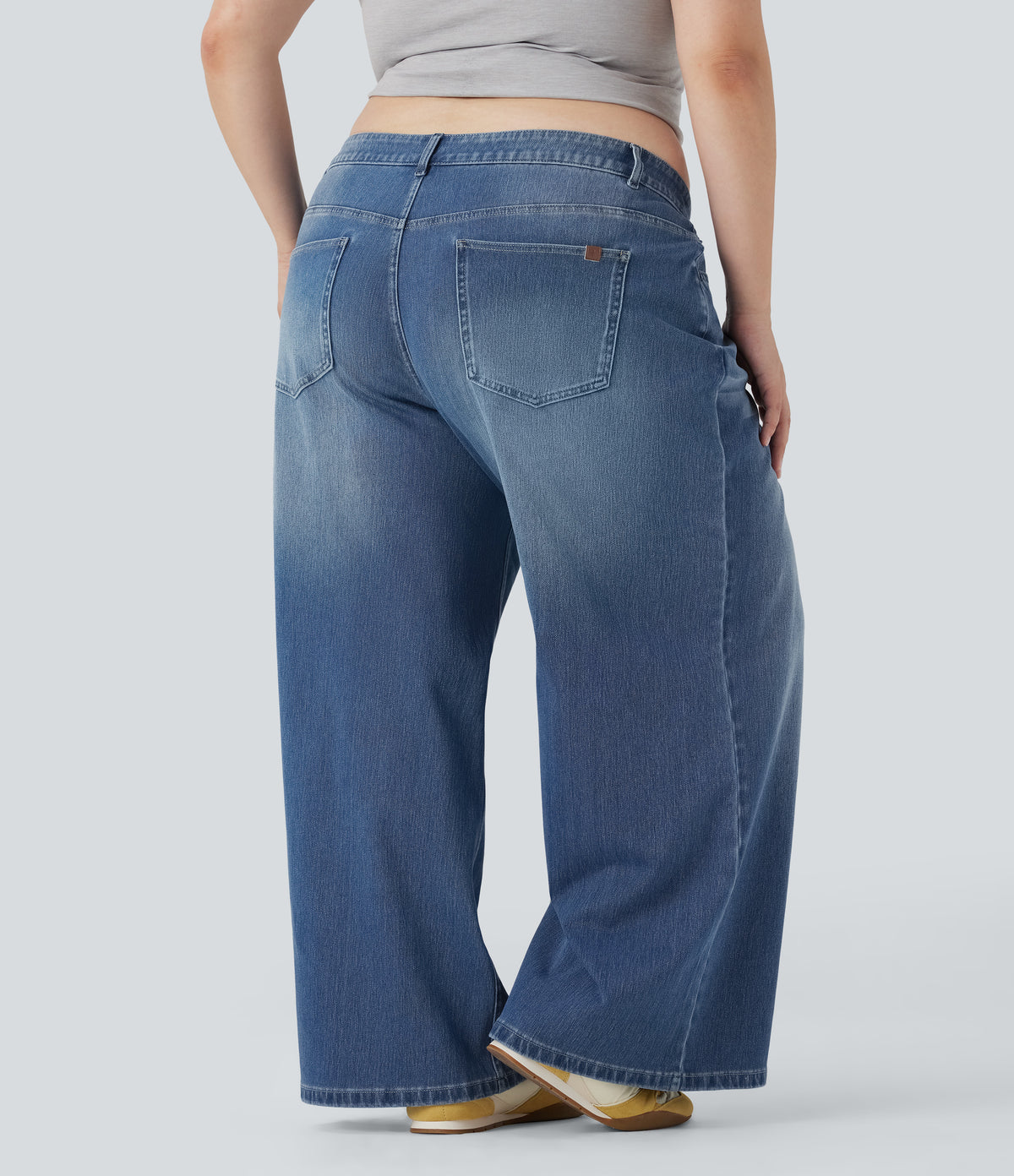 Plus Size Asymmetric Low Rise Wide Leg Washed Casual Jeans with Pockets — Blue Jasper Denim — view 3