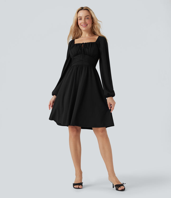 Square Neck Long Sleeve Lace Up Corset Tie Back Mini Casual Dress — Black — view 1