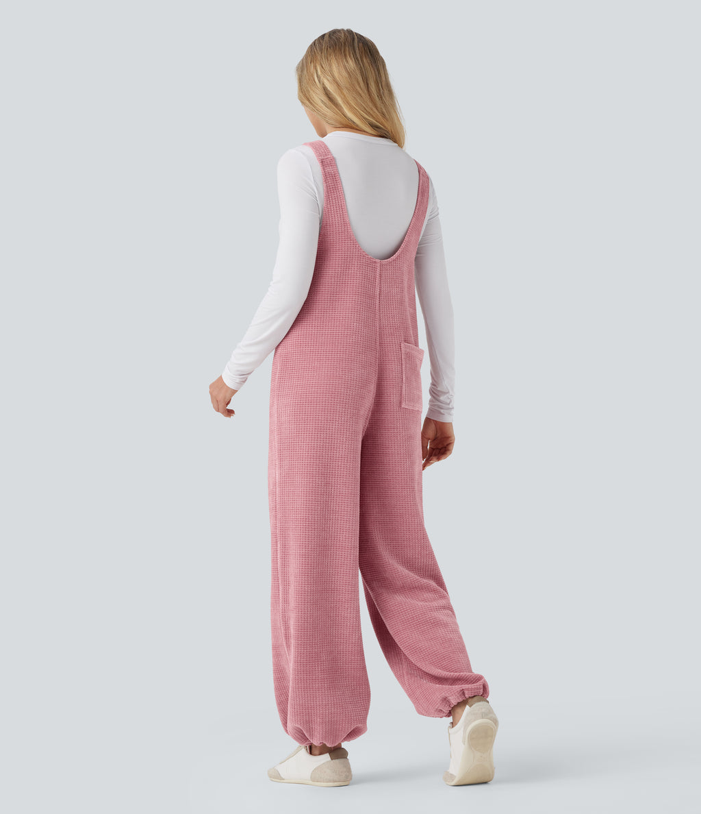 Tie Front Cinchable Hem Chenille Waffle Casual Dungarees with Pockets — Rose Elegance — view 2