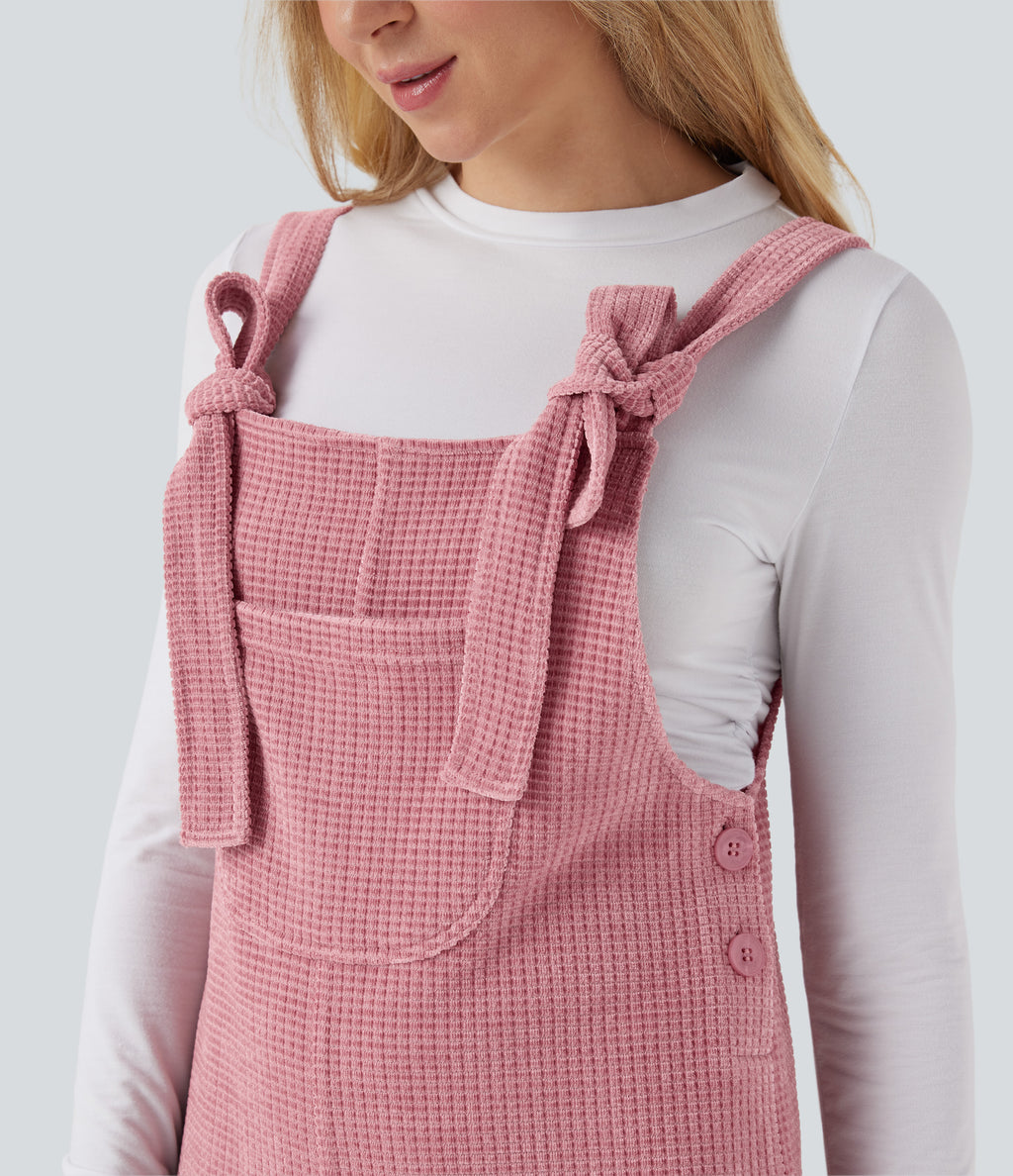 Tie Front Cinchable Hem Chenille Waffle Casual Dungarees with Pockets — Rose Elegance — view 6