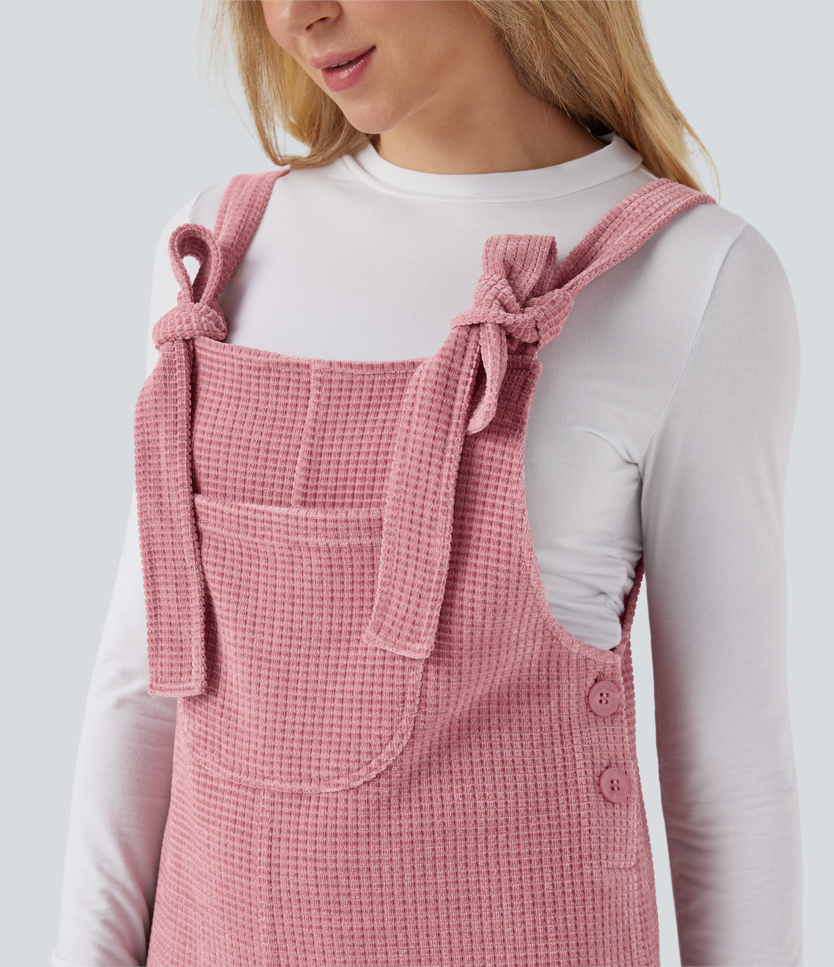 Tie Front Cinchable Hem Chenille Waffle Casual Dungarees with Pockets — Rose Elegance — view 6