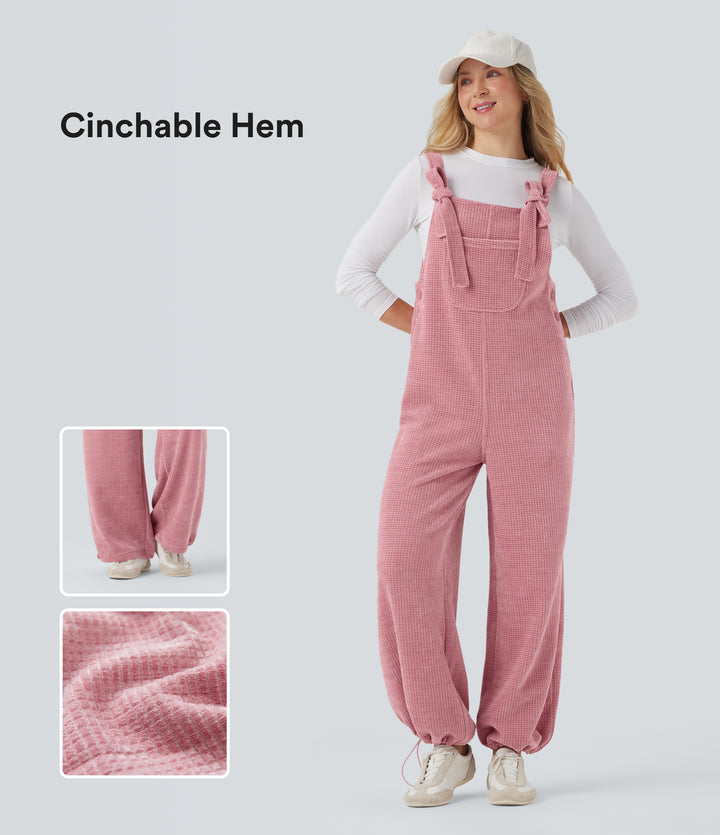 Tie Front Cinchable Hem Chenille Waffle Casual Dungarees with Pockets — Rose Elegance — view 1