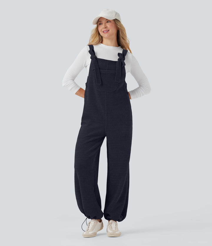 Tie Front Cinchable Hem Chenille Waffle Casual Dungarees with Pockets — Sky Captain — view 9