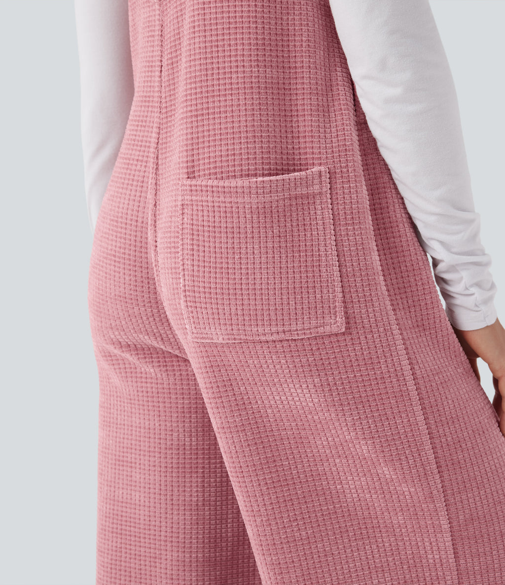 Tie Front Cinchable Hem Chenille Waffle Casual Dungarees with Pockets — Rose Elegance — view 7