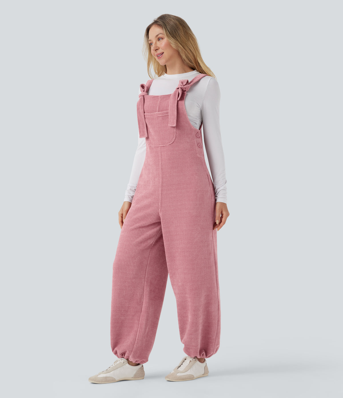 Tie Front Cinchable Hem Chenille Waffle Casual Dungarees with Pockets — Rose Elegance — view 3