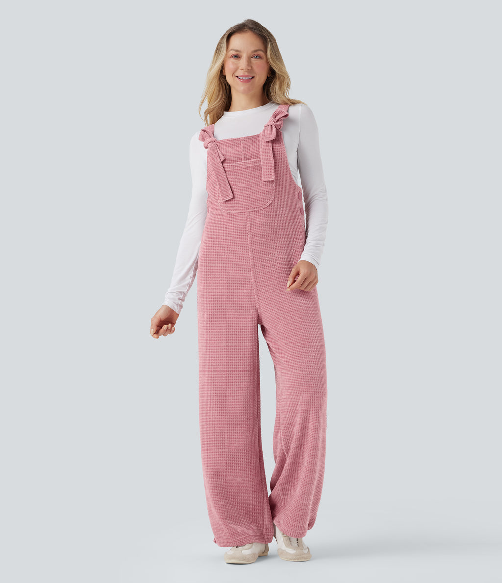 Tie Front Cinchable Hem Chenille Waffle Casual Dungarees with Pockets — Rose Elegance — view 5