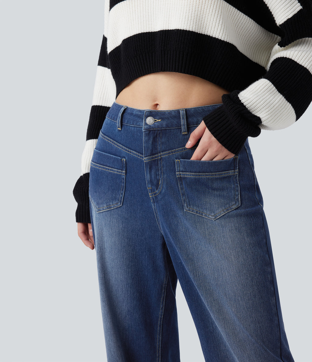 Mid Rise Straight Leg Casual Jeans with Pockets — Estate Blue Denim — view 4