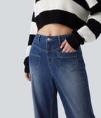 Mid Rise Straight Leg Casual Jeans with Pockets — Estate Blue Denim — view 4