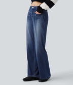 Mid Rise Straight Leg Casual Jeans with Pockets — Estate Blue Denim — view 3
