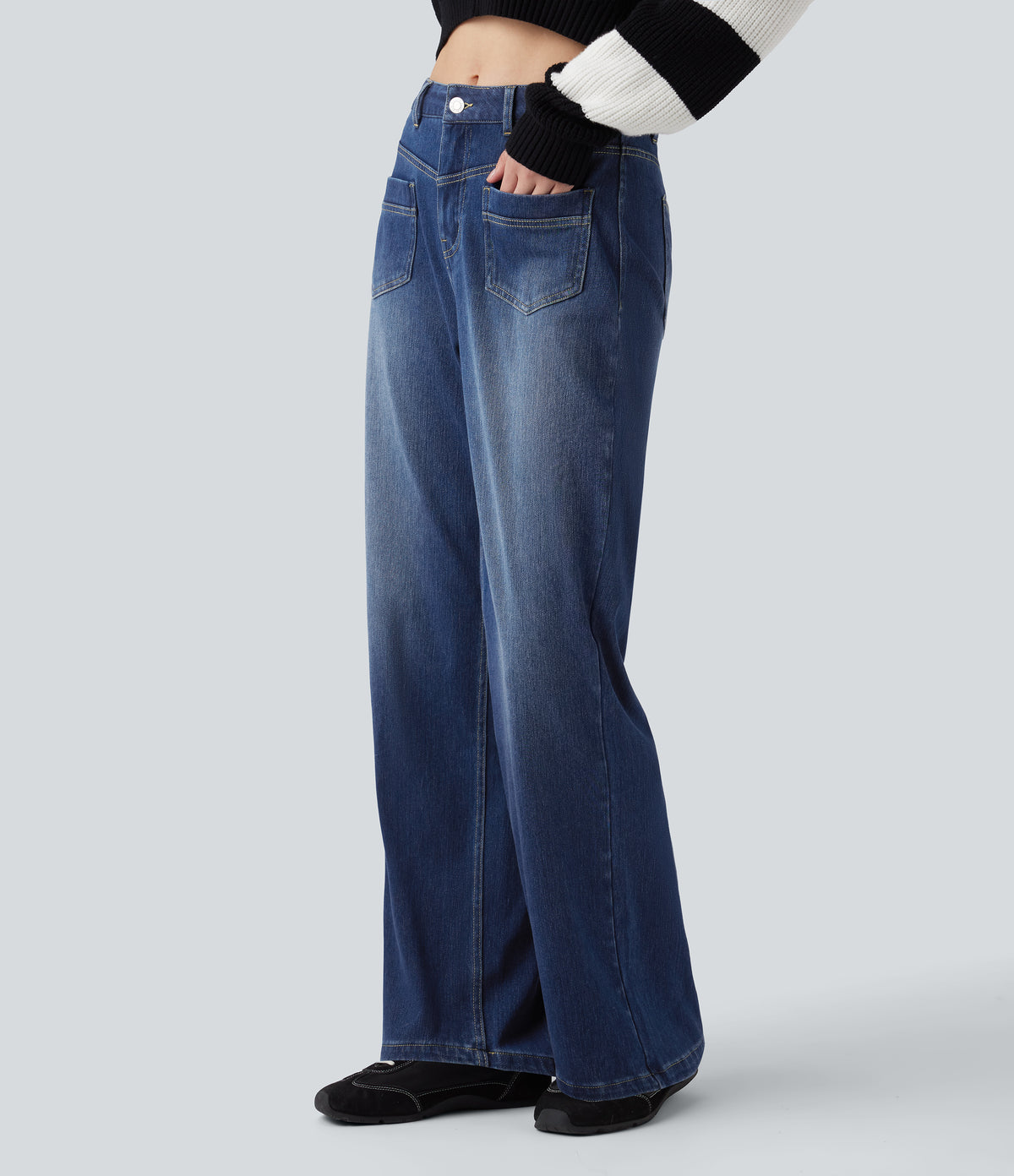 Mid Rise Straight Leg Casual Jeans with Pockets — Estate Blue Denim — view 3