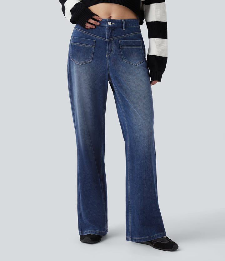 Mid Rise Straight Leg Casual Jeans with Pockets — Estate Blue Denim — view 1
