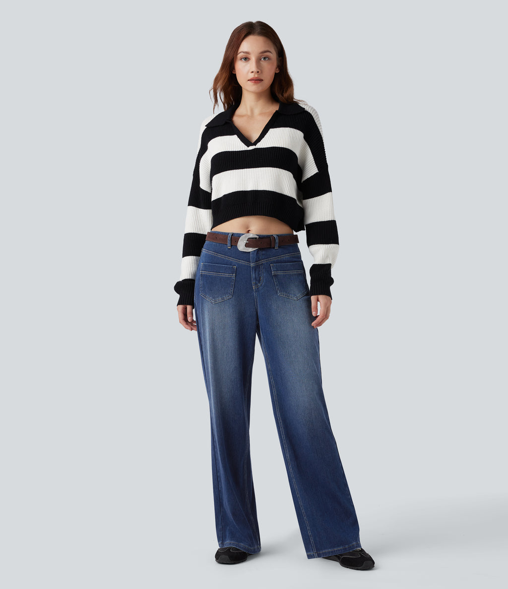 Mid Rise Straight Leg Casual Jeans with Pockets — Estate Blue Denim — view 6