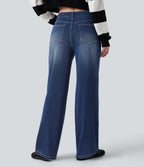 Mid Rise Straight Leg Casual Jeans with Pockets — Estate Blue Denim — view 2