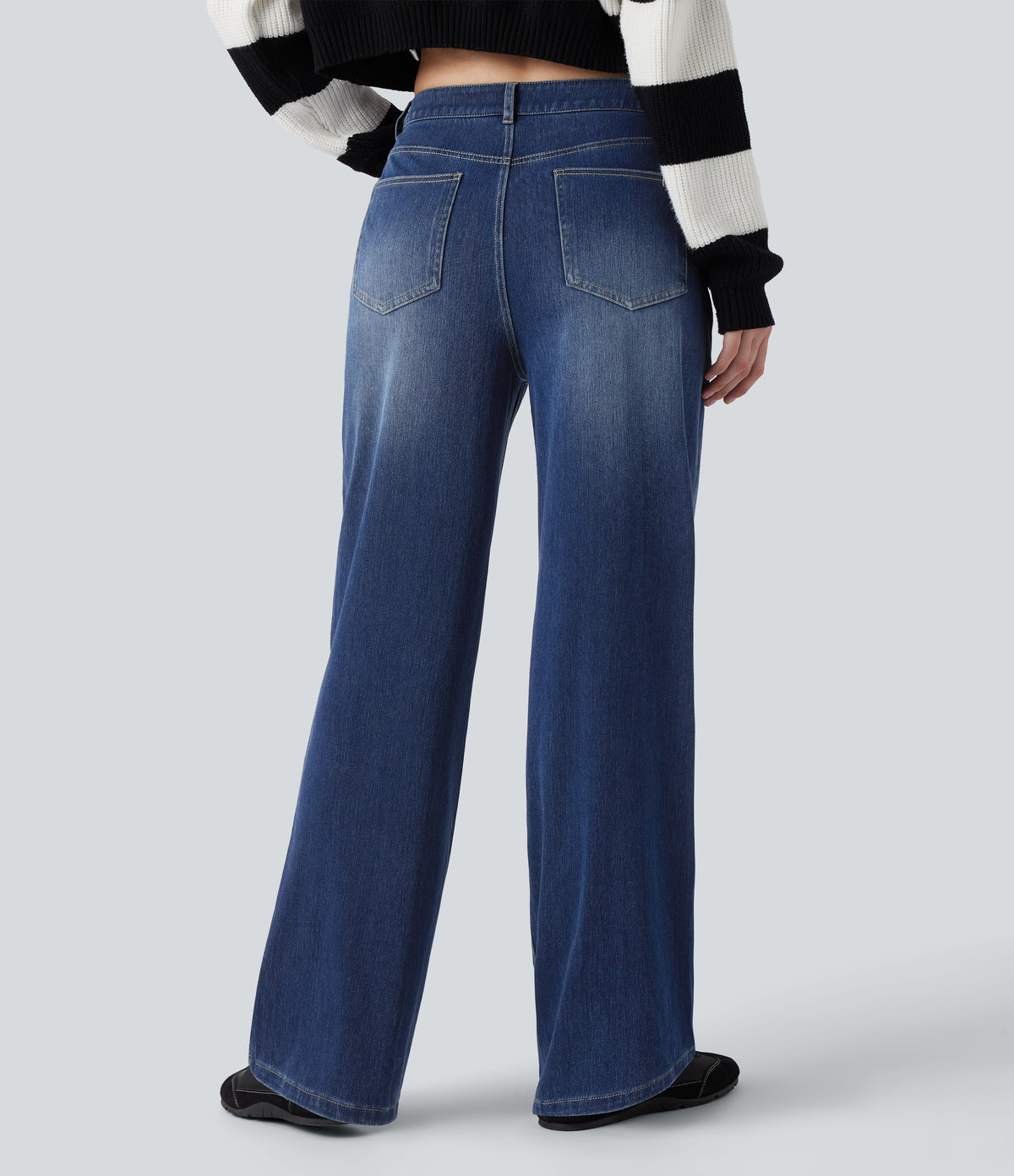 Mid Rise Straight Leg Casual Jeans with Pockets — Estate Blue Denim — view 2