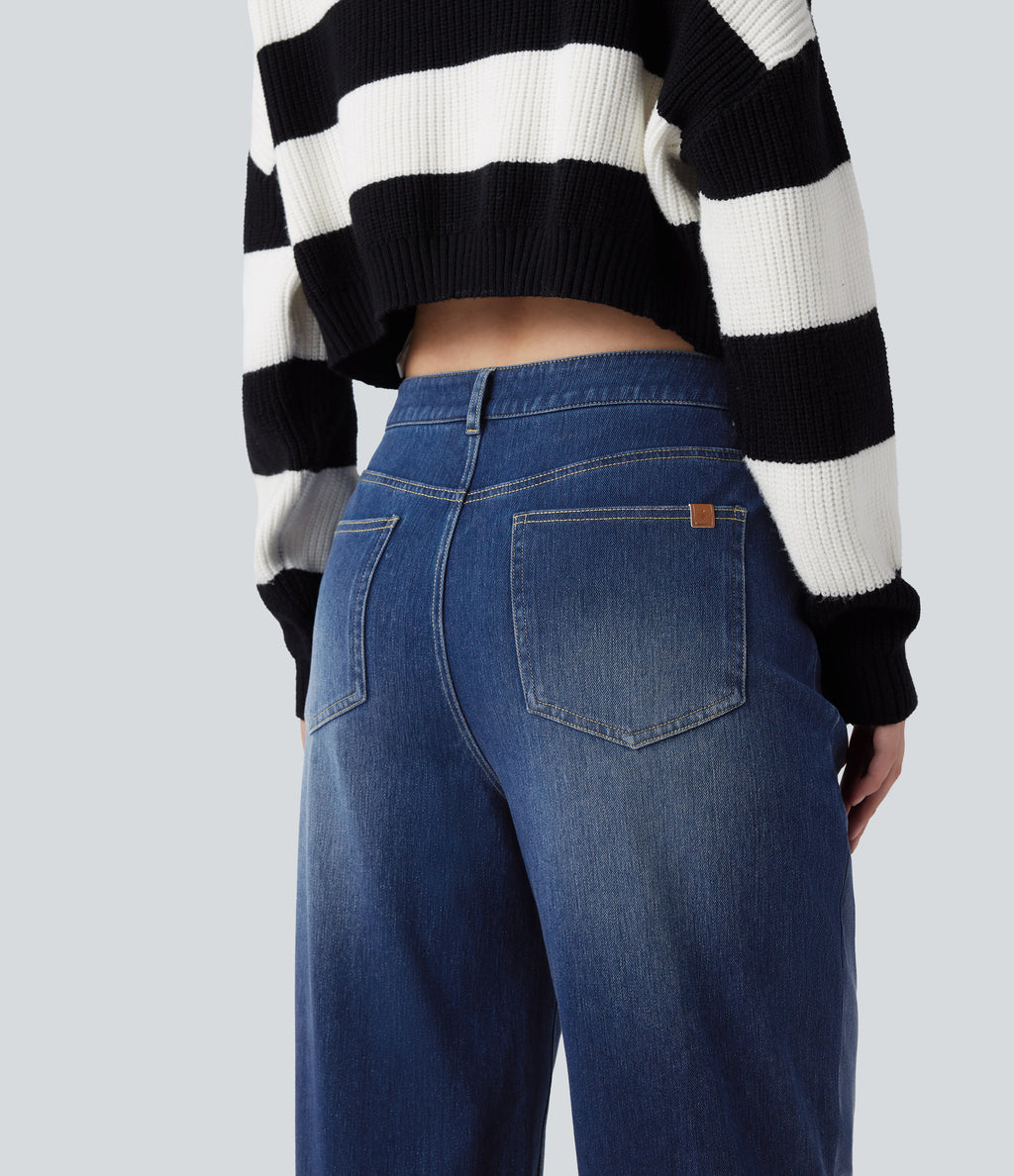 Mid Rise Straight Leg Casual Jeans with Pockets — Estate Blue Denim — view 5