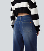 Mid Rise Straight Leg Casual Jeans with Pockets — Estate Blue Denim — view 5