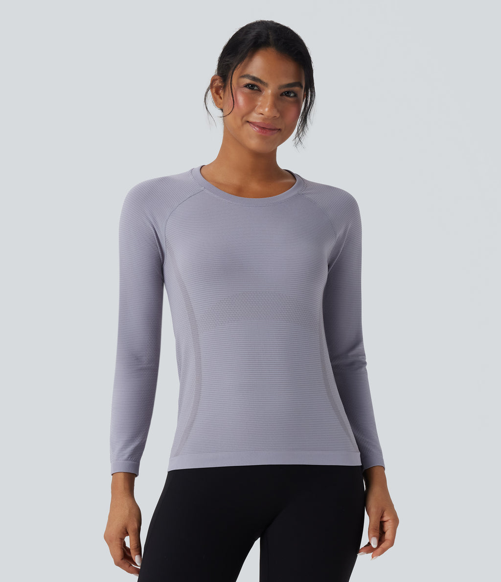 OneForm Seamless Flow Round Neck Raglan Long Sleeve Workout Sports Top — Lavender Aura — view 4