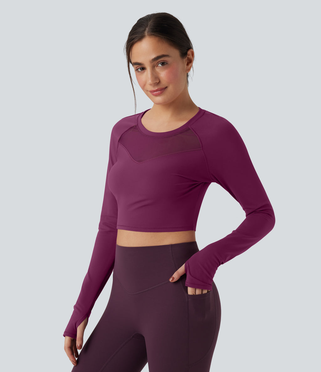 Plush Long Sleeve Thumb Hole Contrast Mesh Cropped Yoga Sports Top — Ume Purple — view 4