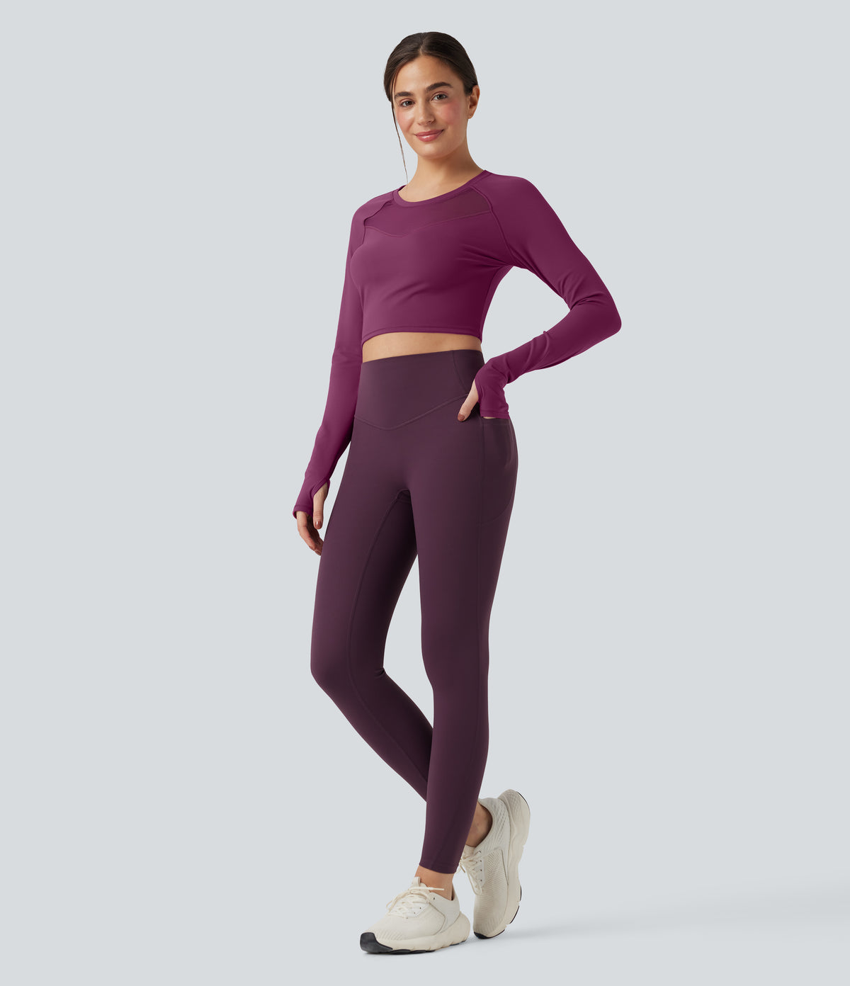 Plush Long Sleeve Thumb Hole Contrast Mesh Cropped Yoga Sports Top — Ume Purple — view 8