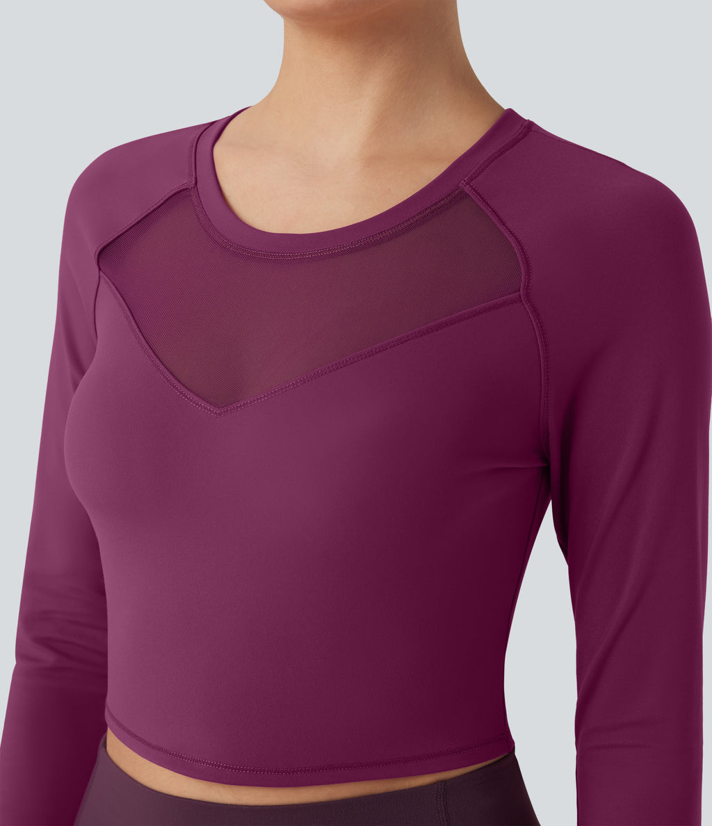 Plush Long Sleeve Thumb Hole Contrast Mesh Cropped Yoga Sports Top — Ume Purple — view 5