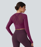 Plush Long Sleeve Thumb Hole Contrast Mesh Cropped Yoga Sports Top — Ume Purple — view 3