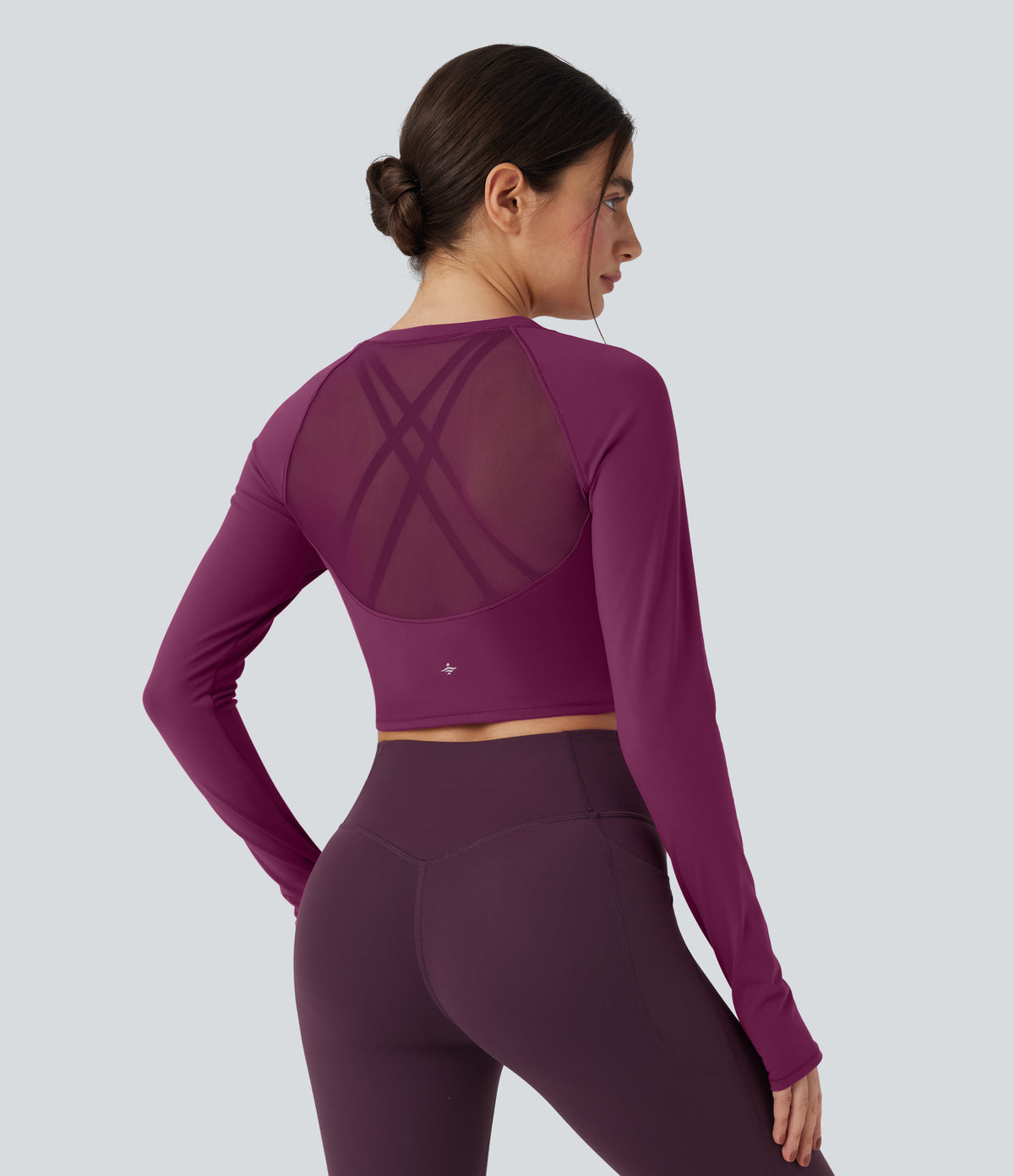 Plush Long Sleeve Thumb Hole Contrast Mesh Cropped Yoga Sports Top — Ume Purple — view 3