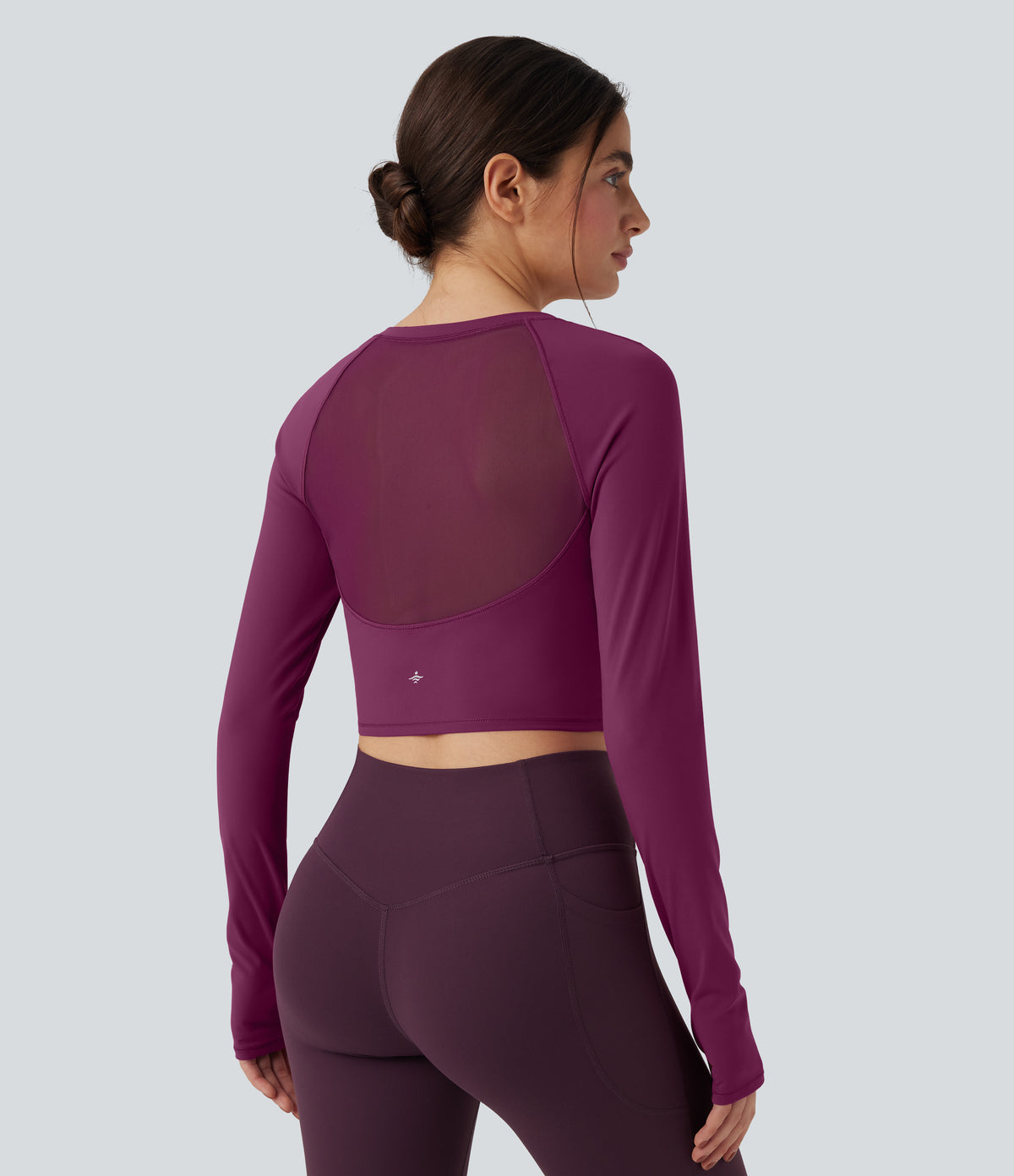 Plush Long Sleeve Thumb Hole Contrast Mesh Cropped Yoga Sports Top — Ume Purple — view 2